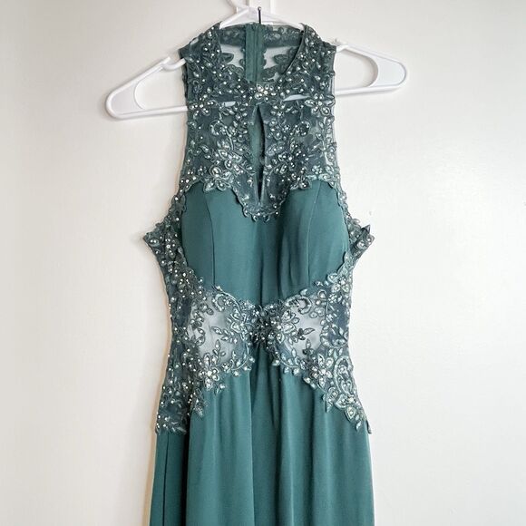 Y2K City Triangles Prom Gown Beaded Sparkling  Mermaid Cut Out Mesh Sz 7 Green - Picture 1 of 16